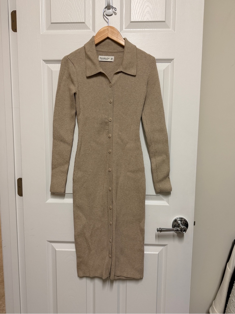 Abercrombie & Fitch Ribbed Soft Knit body con sweater dress in Taupe